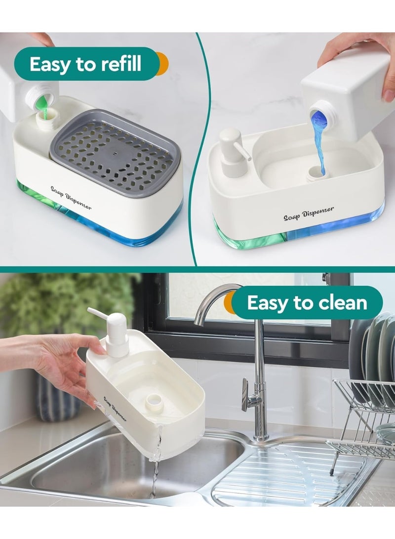 3 in 1 Kitchen Soap Dispenser with Sponge Holder and Drain Tray, Easy Refill and Easy Clean Liquid Soap Organizer for Sink Countertop - Image 3